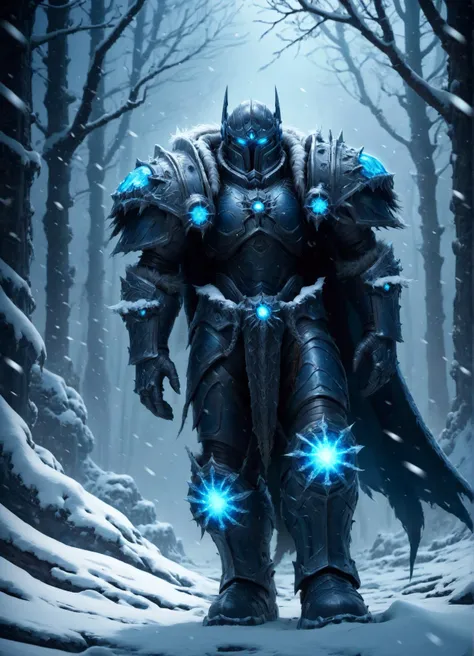 (style-swirlmagic:0.8),  solo, half shot, looking down, detailed background, detailed face, (dystopian futuristic theme:1.1), astronaut, wearing  white space armor,    curious glance, spacewalk, dynamic pose, inter-dimensional travel, drifting particles, cybernetic enhancements, black hole in background, eerie glow, epic scifi atmosphere,,An enchanted forest where magical creatures and plants abound(hyperdetailed photography:1.3),Epic,awardwinning,masterpiece,hyper-detailed complex,dawn,blue glowing eyes,world of warcraft style,raytracing,octane render,sharp focus,35nm dof,bokeh,Trending on artstation,deathknight style,<lora:add-detail-xl:1>,deathknight style,snowing,<lora:deathknightsyleXL_v1-step00000400:0.8>