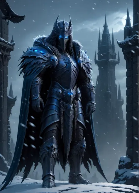 solo, upper body, looking down, detailed background, detailed face, ( 1920s art deco theme:1.1),  raven-mage,  dark feathers, wearing tattered   armor, hood,  melancholic, dark folded feathered wings, sitting,  raven-themed runes,    shimmering magical aura,  flocks of ravens flying in background, dark tower in background, low light, volumetric lighting,  stormclouds gathering, eerie atmosphere,,A dark, foreboding castle where a wicked queen reigns(hyperdetailed photography:1.3),Epic,awardwinning,masterpiece,detailed closeup (to be defined),afternoon,blue glowing eyes,world of warcraft style,raytracing,octane render,sharp focus,35nm dof,bokeh,Trending on artstation,deathknight style,<lora:add-detail-xl:1>,deathknight style,snowing,<lora:deathknightsyleXL_v1-step00000400:0.8>