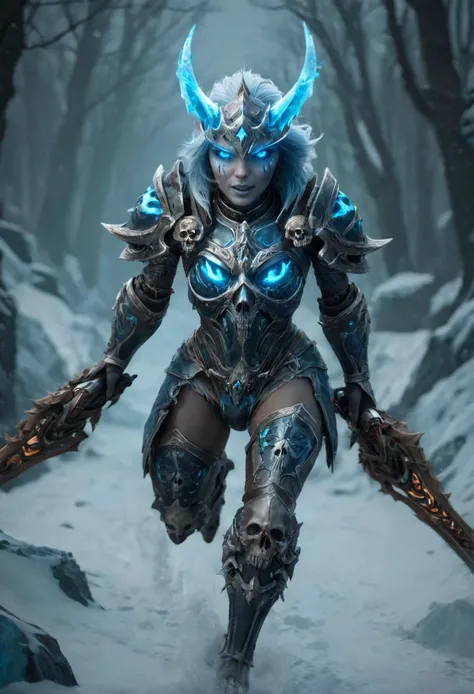 <lora:deathknightsyleXL:0.9>,deathknight,epic,woman,Jumping as if on a pogo stick((hyperdetailed photography))),realistic,ultra detailed,ray tracing,octane render,intricate,cinematic,glowing body features,ornate skull armor,split-color hair,masterpiece,fractal,seemly,perfection,hyper realistic reflections,50nm dof,bokeh,realistic,sharp focus,ultra detailed,8k,uhd,snowing environment,high resolution,trending on artstation and deviantart,featured,glacial blue theme