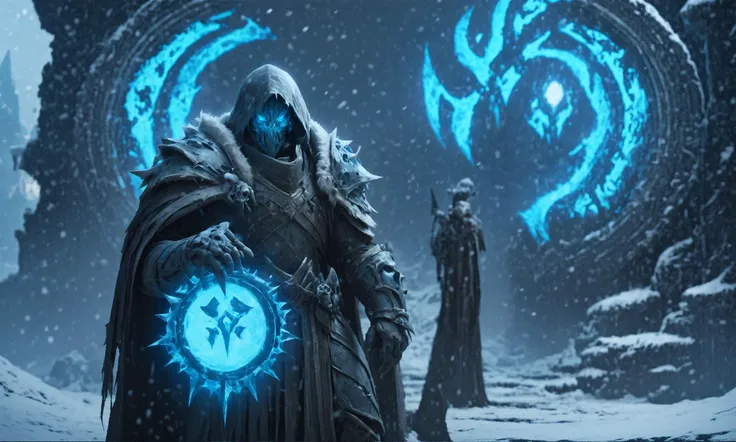 deathknight style,a magic portal to the underworld,8k,masterpiece,realistic,glowing eyes,epic,trending on artstation,hyperdetailed photography,sharp focus,frost theme,(steve goad:1.2), <lora:deathknightsyleXL-000004:0.7>,snowing