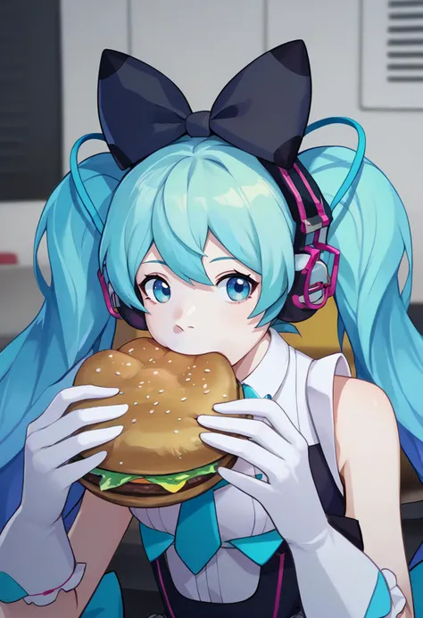 score_9, score_8_up, score_7_up, source_anime, solo, 1girl, magicalmiku2016, jermaWhopper, eating, burger, looking at you, upper body, twintails, hair bow, black bow, headphones, white gloves, frills, black dress, sleeveless dress, white shirt, short necktie, aqua necktie, thighhighs, cable, bare shoulders, indoors <lora:vocaloid_magicalmiraimiku2016_ponyXL:0.9> <lora:jermawhopper-pdxl-nvwls-v1:1>