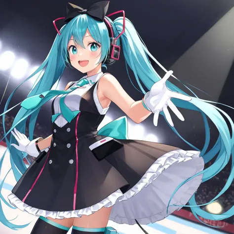 score_9, score_8_up, score_7_up, source anime, real realistic,
miku, magicalmiku2016, happy, looking at viewer, , reaching towards viewer, twintails, hair bow, black bow, headphones, white gloves, frills, black dress, sleeveless dress, white shirt, short necktie, aqua necktie, thighhighs, cable, bare shoulders, spotlight live stadium,
 <lora:vocaloid_magicalmiraimiku2016_ponyXL:0.5>