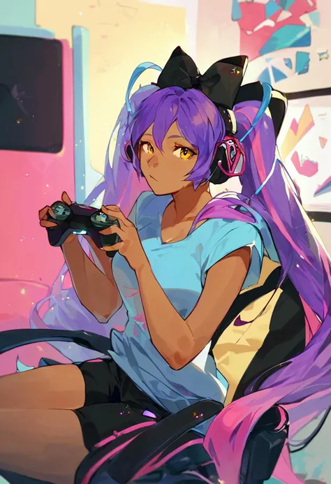 score_9, score_8_up, score_7_up, solo, 1girl, dark skin, looking at viewer, twintails, hair bow, black bow, headphones, , gold eyes, cleavage, indoors, bedroom, black shorts, blue shirt, sitting in gaming chair,  holding game controller, purple hair, fusion' realm written in neon purple on the wall in the background<lora:vocaloid_magicalmiraimiku2016_ponyXL:1>