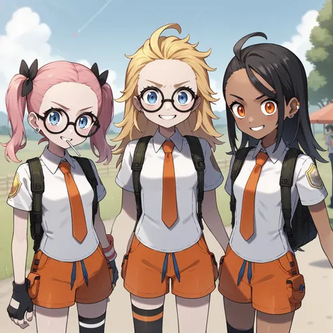 3girls, standing, loking at viewer, white shirt, short sleeves, orange short pants, orange, small breasts, orange, necktie, wristband, fingerless gloves, socks, asymmetrical legwear, thighhighs, backpack
pale skin, long blonde hair, blue eyes, hair bow, teeth, smile
black hair, long hair, messy hair, bangs, purple eyes, @ @, blushing, serious, round glasses, ear piercing,
dark skin, pink hair, orange eyes, twin tails, forehead, :p, lollipop,
outdoors, valley <lora:ponyxl-julianapoke:1>, score_9, score_8_up, score_7_up, score_6_up, score_5_up, score_4_up, BREAK source_anime, masterpiece