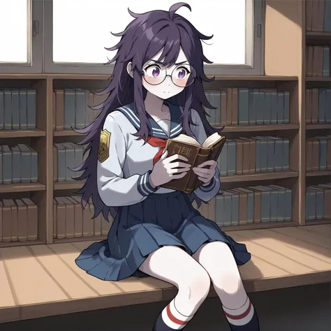 shy, blushing, sitting, 1girl, serafuku, long sleeves, knitted jacket, long skirt, socks
pale skin, really long hair, dark purple hair, messy hair, purple eyes, @_@, serious, blushing, round glasses, holding book, looking to the side,
indoors, library, <lora:ponyxl-julianapoke:1>, score_9, score_8_up, score_7_up, score_6_up, score_5_up, score_4_up, BREAK source_anime, masterpiece