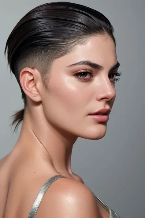 (CR-Monic4Barbaro-jjonahjameson:0.9), face closeup photo of young woman, (grey background:1.0), (slick undercut hair:1.0), (oiled shiny skin:1.0), (tilted angle shot:1.0),