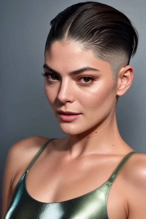 (CR-Monic4Barbaro-jjonahjameson:0.9), closeup photo of young woman, (grey background:1.0), (undercut hair:1.0), (oiled shiny skin:1.0), (tilted angle shot:1.0),