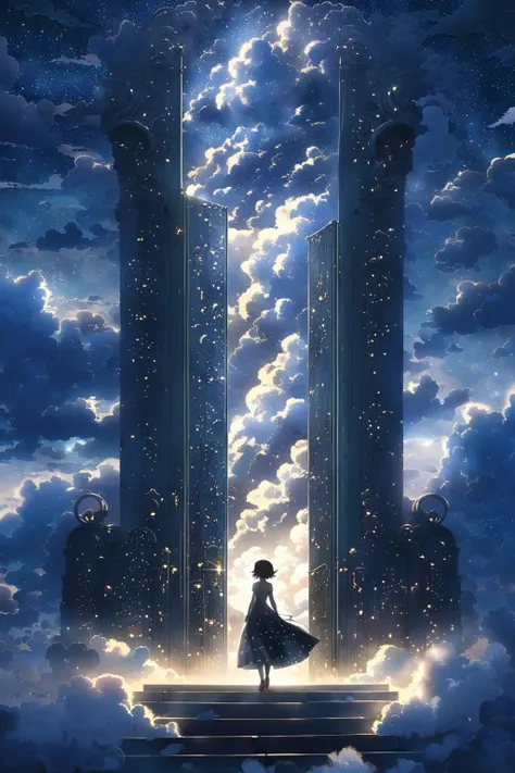 pearlygates, 1girl, solo, dress, stairs, black hair, short hair, cloudy sky, night, scenery, from behind, night sky, standing, pillar, light particles