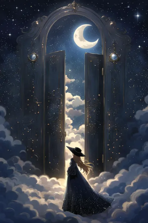 pearlygates, 1girl, solo, long hair, moon, night, hat, night sky, dress, wide sleeves, facing away, standing, long sleeves, full moon, jewelry