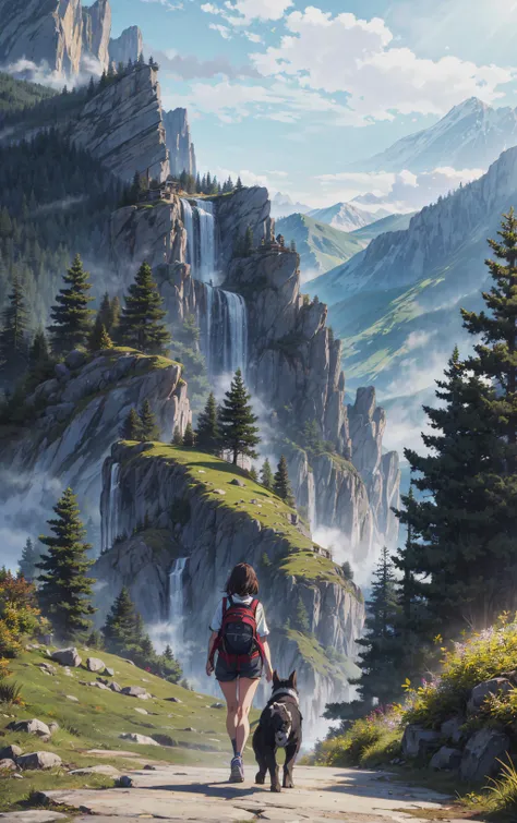 (masterpiece:1.2, best quality), 1girl, young, large breasts, outdoors, hiking gear, climbing mountain, early morning, misty weather, a large dog is walking along side her, <lora:animemix_v3_offset:0.8> <lora:add_detail:0.8> vivid colors