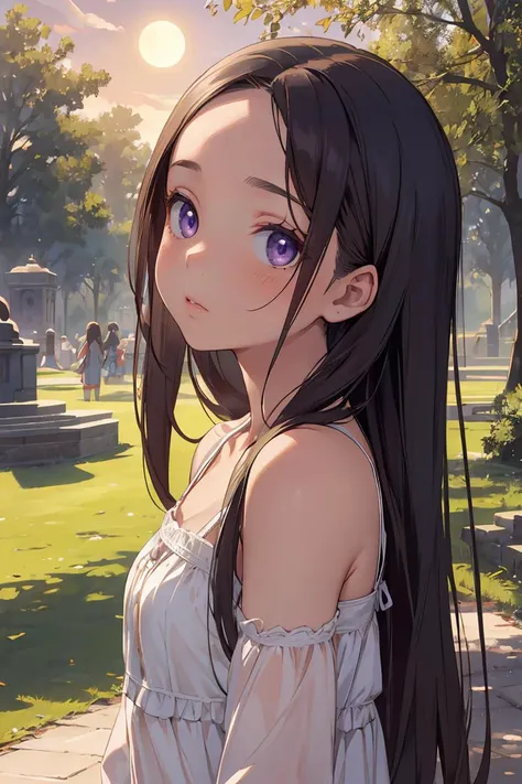 (masterpiece, best quality), female hundred years old, toned, native american, violet eyes, wide nose, unusual cheeks, sloping forehead, unusual face shape, , caramel long layers hair, admiration wearing seamless cheeky, bralette, , sultry gaze, gazing with intense eyes, conveying passion and desire, moonlight, soft, cool light from the moon, evoking a mysterious and ethereal atmosphere, a sunlit park, filled with children playing and families having picnics