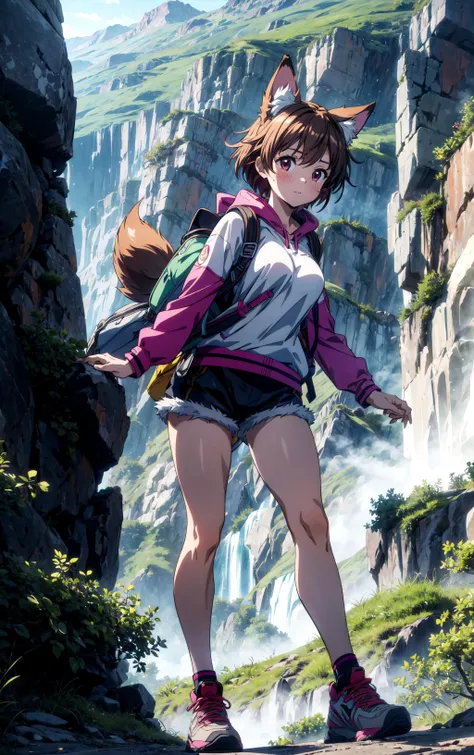 (masterpiece:1.2, best quality), 1girl, animal ears, animal ear fluff, tail, beautiful figure, young, fully clothed, medium breasts, happy, blush, outdoors, hiking gear, climbing mountain, dynamic pose, early morning, misty weather, a large dog is walking along side her, <lora:animemix_v3_offset:0.8> <lora:add_detail:0.8> vivid colors, vibrant colors