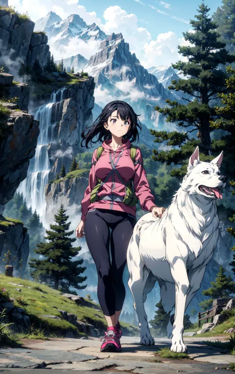 (masterpiece:1.2, best quality), 1girl, beautiful figure, young, large breasts, outdoors, hiking gear, climbing mountain, early morning, misty weather, a large dog is walking along side her, <lora:animemix_v3_offset:0.8> <lora:add_detail:0.8> vivid colors
