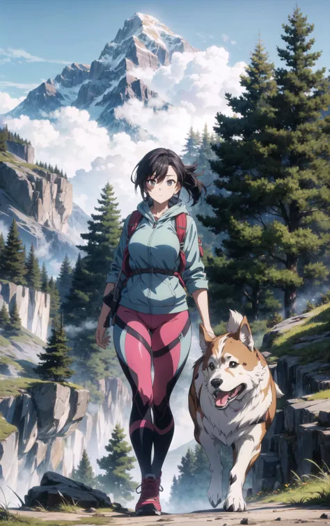 (masterpiece:1.2, best quality), 1girl, young, large breasts, outdoors, hiking gear, climbing mountain, early morning, misty weather, a large dog is walking along side her, <lora:animemix_v3_offset:0.8> <lora:add_detail:0.8> vivid colors