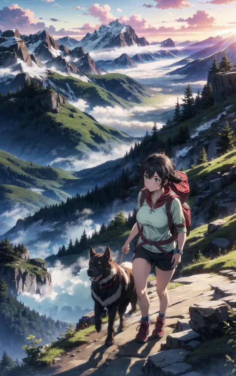 (masterpiece:1.2, best quality), 1girl, young, large breasts, outdoors, hiking gear, climbing mountain, early morning, misty weather, a large dog is walking along side her, <lora:animemix_v3_offset:0.8> <lora:add_detail:0.8> vivid colors