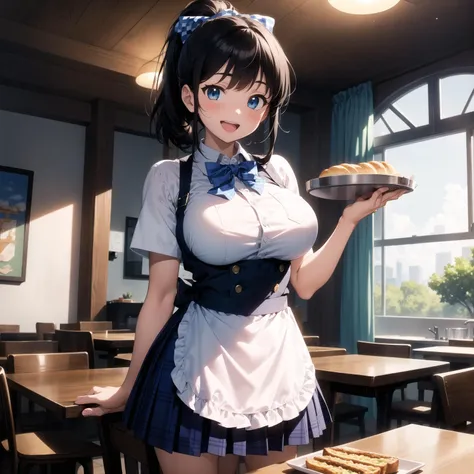((SFW)),(masterpiece, best quality:1.4), (ultra detailed),(absurdres), (highres),(accurate posing and ultimate quality detailed anatomy:1.3),(Perfect (delicate animation cel) and (sharp linestailed) and (accurate and precise detailed):1.3), nice hands, nice 4fingers and 1thumb,perfect lighting,anime,
BREAK
1girl, solo, blue eyes, food, black hair, shirt, open mouth, bow, smile, ponytail, bread, blue skirt, huge breasts, looking at viewer, arm behind back, white shirt, blue bow, short sleeves, (blue and white gingham checkered apron), holding, bangs, indoors, bowtie, blue skirt, :d, plaid, waitress, collared shirt, tray, blue bowtie, dress shirt, pocket, large breasts, blush, hair bow, buttons, medium breasts, window, holding tray, (kobeya uniform:1.3),
<lyco:neg4all_bdsqlsz_V3.5:1>, <lyco:GoodHands-beta2:1.3>