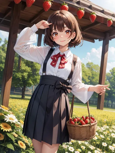 (high quality, highres, ultra-detailed), 1girl
BREAK
Adorable girl, gleeful smile, strawberry lover, cheeks flushed with joy, holding a basket of ripe strawberries, whimsical strawberry-patterned dress, strawberry-shaped accessories, playful pose, vibrant red hues, sweet aroma of strawberries, sunny day in a strawberry field, carefree vibe, strawberry-themed picnic, joyful expression, delightful scene, charming illustration, high-resolution digital artwork, strawberry-inspired aesthetic., bag, black skirt, blush, brown eyes, brown hair, closed mouth, collared shirt, dress shirt, eyelashes, floral print, hand up, holding, holding bag, japanese clothes, kimono, long bangs, long sleeves, looking at viewer, pleated skirt, shirt, skirt, sleeves past fingers, sleeves past wrists, solo, standing, suspender skirt, suspenders, two-tone background, white background, white shirt, wide sleeves, window