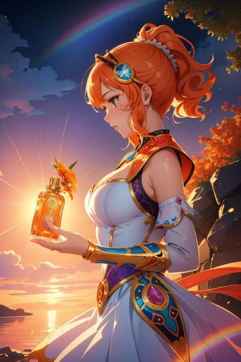 1girl, (stylized by Laurel Burch:1.3) , vibrant art, professional wall Graffiti, intricate details, Peaceful, side-profile of a Robotic Absurd burly [Golden Age|Digital Age] Troubadour (Woman:1.3) , she is inside a Perfume bottle, she mood is very light, wearing tiger print, her hair is Illuminating and styled as Chignon, she has a Unnatural Cuban Orange [Jelly|Alligator skin] helmet, Ring, spring lava pit with Bouquet, Sun in the sky, soft focus, Sketched, Awe, Organic, volumetric lighting, Low shutter, dark violet and deep orange hue, Light streaks, rainbow swirl, photo-realistic face, freckles, extremely detailed CG Unity 8k wallpaper, 4K, zen