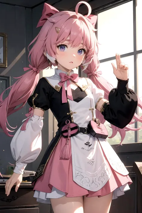 masterpiece,best quality,
<lora:encore:0.8>,encoreDef,pink hair,low-tied long hair,hair intakes,tiwntails,ahoge,bow,hair bow,pink bow,hair ornament,dress,white dress,black dress,asymmetrical sleeves,detached sleeves,black sleeves,white sleeves,pink skirt,