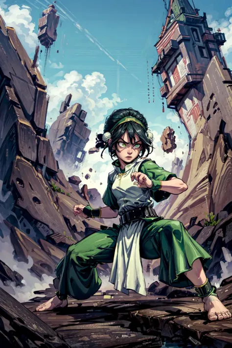thick outlines, comics, photorealistic, 1girl, solo, fighting stance, <lora:toph_beifong_v1:0.7>, black hair, short hair, green hairband, belt, dress, white eyes, blind, hair bun, blind, chinese clothes, hair bun, green dress, short sleeves, pelvic curtain, barefoot, rock, outdoors, detailed background, detailed face, detailed eyes, <lora:add_detail:0.7>