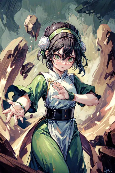 thick outlines, comics, photorealistic, 1girl, solo, flat chest, fighting stance, white eyes, blind, cowboy shot, <lora:toph_beifong_v1:0.6>, black hair, short hair, green hairband, pants, belt, dress, hair bun, chinese clothes, hair bun, green dress, short sleeves, pelvic curtain, rock, levitating rocks, outdoors, detailed background, detailed face, detailed eyes, <lora:add_detail:0.7>