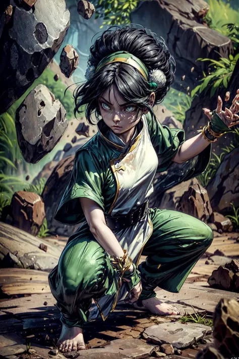 thick outlines, comics, photorealistic, 1girl, solo, flat chest, fighting stance, white eyes, blind, full body shot, <lora:toph_beifong_v1:0.6>, black hair, short hair, green hairband, pants, belt, dress, hair bun, chinese clothes, hair bun, green dress, short sleeves, pelvic curtain, rock, levitating rocks, outdoors, detailed background, detailed face, detailed eyes, <lora:add_detail:0.7>