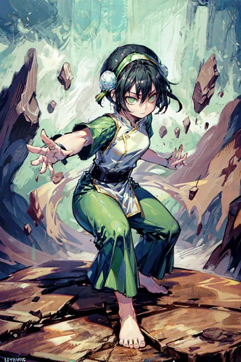 thick outlines, comics, photorealistic, 1girl, solo, fighting stance, white eyes, blind, <lora:toph_beifong_v1:0.6>, black hair, short hair, green hairband, pants, belt, dress, hair bun, chinese clothes, hair bun, green dress, short sleeves, pelvic curtain, barefoot, rock, levitating rocks, outdoors, detailed background, detailed face, detailed eyes, <lora:add_detail:0.7>