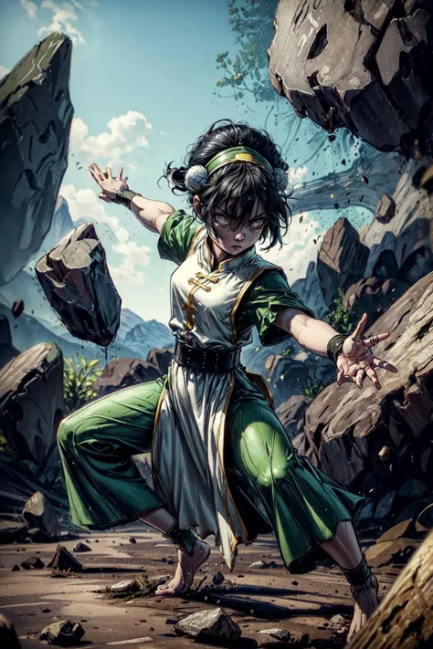 thick outlines, comics, photorealistic, 1girl, solo, fighting stance, white eyes, blind, <lora:toph_beifong_v1:0.6>, black hair, short hair, green hairband, pants, belt, dress, hair bun, chinese clothes, hair bun, green dress, short sleeves, pelvic curtain, barefoot, rock, levitating rocks, outdoors, detailed background, detailed face, detailed eyes, <lora:add_detail:0.7>