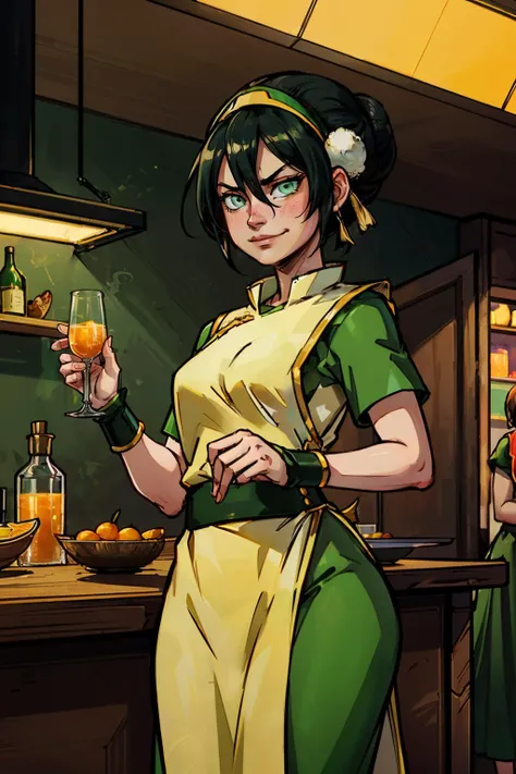toph, girl, blind, green eyes, short black hair, hair bun, hairband,hair between eyes, chinese clothes, green dress, short sleeves, pelvic curtain, looking serious, smirk, standing, holding a champagne glass full of orange juice, inside diner, counter, neon lighting, high quality, masterpiece, <lora:toph_beifong_v1:.7>