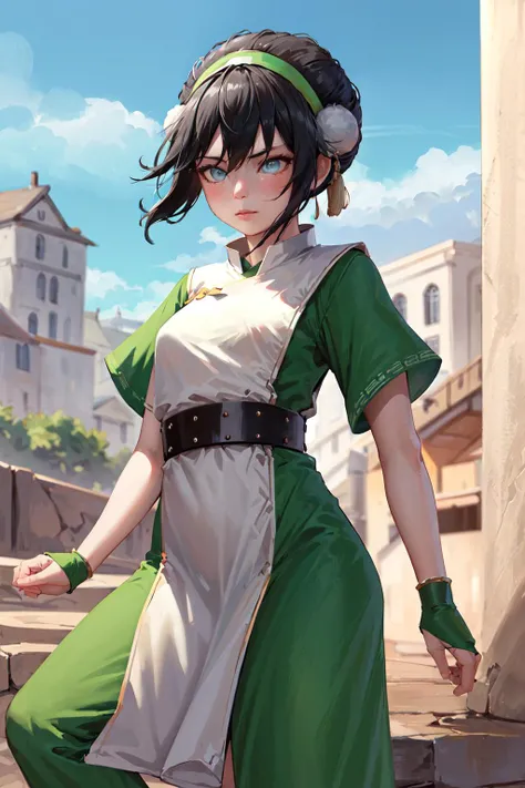 8k, ray tracing, vibrant colors, (1girl), (solo:1.4), (toph beifong:1.4), blind, short hair, hair bun, hairband, grey eyes, chinese clothes, masterpiece, sharp focus, Best Quality, depth of field, cinematic lighting, very detailed clothes, (used condoms, condom belt, used condom belt, condom hair ornament:1.6), ((seductive smile)), thin red lips, closed mouth, Perfect eyes, perfect hair, Rich in details and textures, masterpiece, Best Quality, outdoors, beautiful girl, Sun light, chiaroscuro, (perfect hands:0.7, Clean hands:0.7), ((((Professional photography)))), ((Dream)), Whole body
