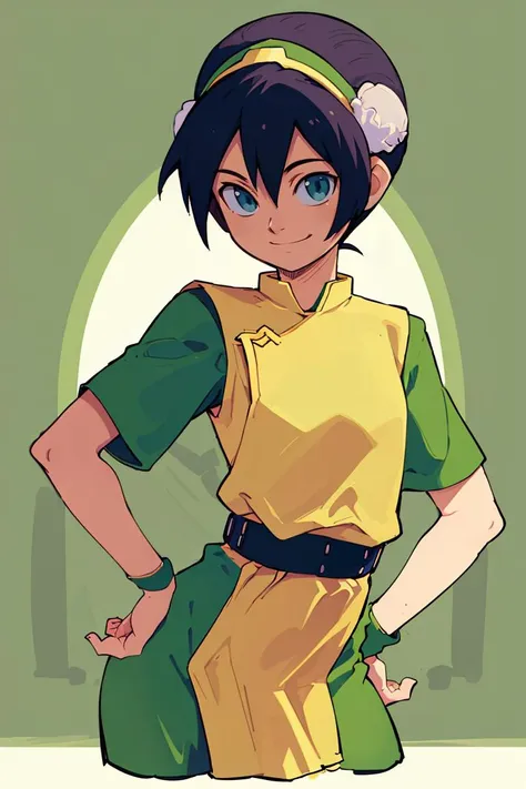 <lora:Sweet_CAT:0.8>,((masterpiece,best quality)), <lora:toph_beifong_v1:0.75>, 1girl, solo, black hair, hairband, belt, short hair, dress, blue eyes, hair bun, green hairband, blind, chinese clothes, hair bun, green dress, short sleeves, cowboy shot, pelvic curtain,smile, hand on hip, contrapposto