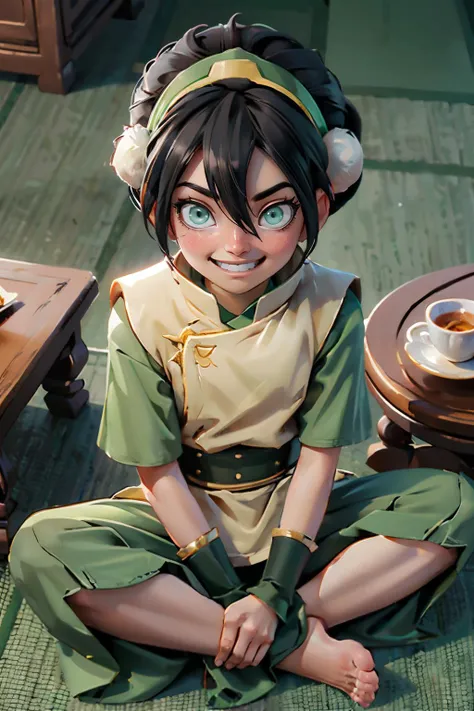 toph, girl, blind, green eyes, short black hair, hair bun, hairband,hair between eyes, chinese clothes, green dress, short sleeves, pelvic curtain, barefoot, looking at viewer, serious, grin, sitting, on floor, indian style, small table, from_above, high quality, masterpiece, <lora:toph_beifong_v1:.7>