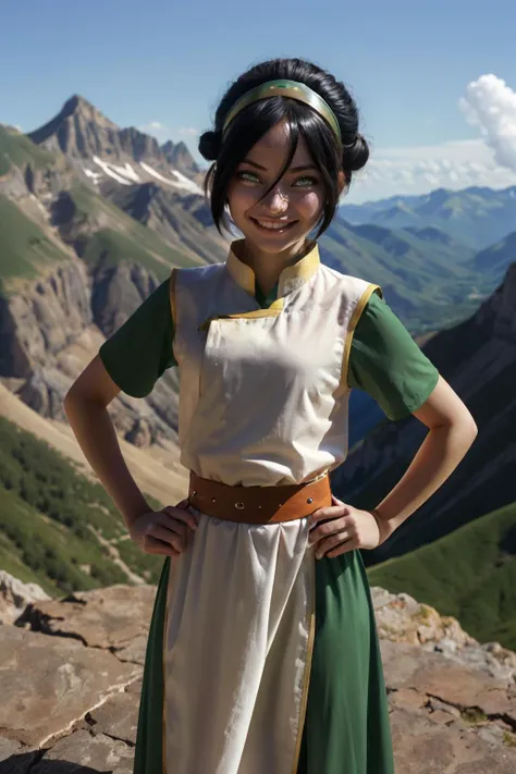 toph bei fong, short black hair, headband,hair ornament, blind, green chinese clothes, tunic, bracers, smiling, standing, hands on hips, outside, field, canyon, dirt, sunny, high quality, masterpiece, 
 <lora:Toph:.7>
