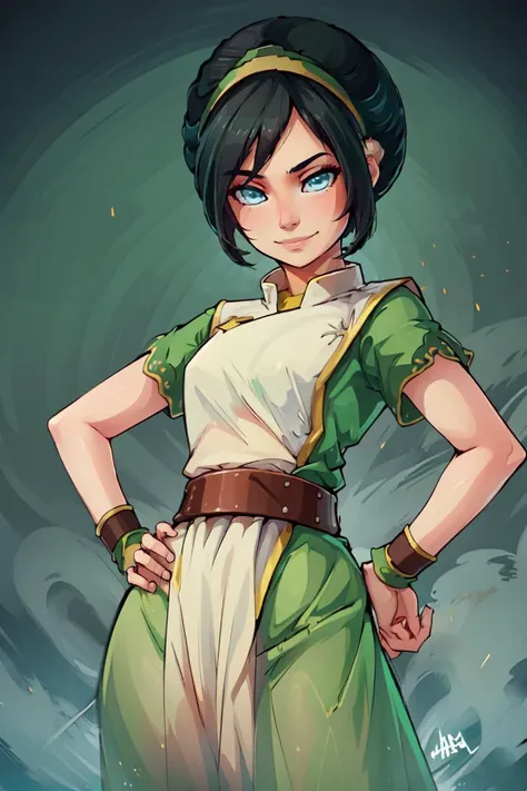 ((masterpiece,best quality)), <lora:toph_beifong_v1:0.75>, 1girl, solo, black hair, hairband, belt, short hair, dress, blue eyes, hair bun, green hairband, blind, chinese clothes, hair bun, green dress, short sleeves, cowboy shot, pelvic curtain,smile, hand on hip, contrapposto