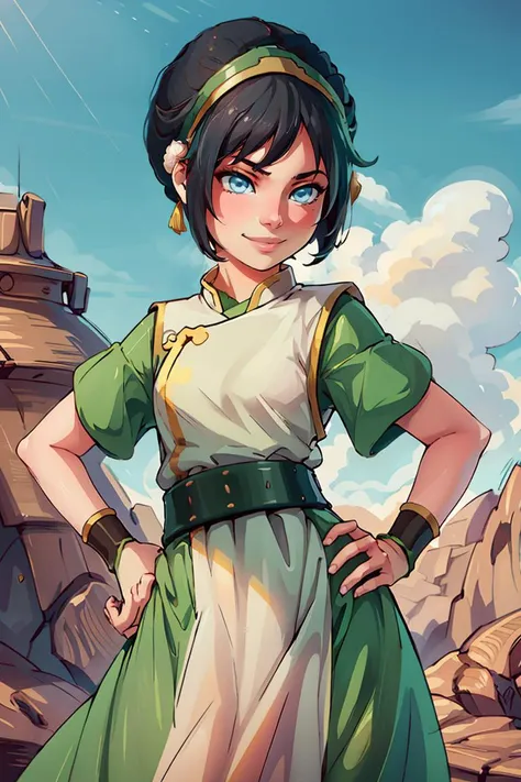 ((masterpiece,best quality)), <lora:toph_beifong_v1:0.75>, 1girl, solo, black hair, hairband, belt, short hair, dress, blue eyes, hair bun, green hairband, blind, chinese clothes, hair bun, green dress, short sleeves, cowboy shot, pelvic curtain,smile, hand on hip, contrapposto