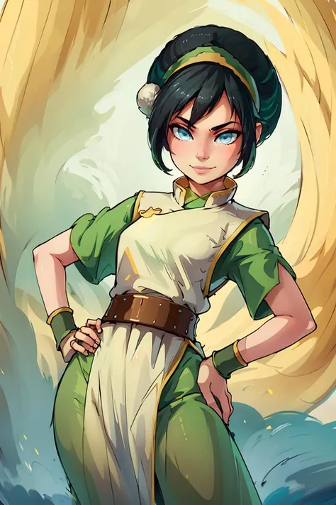 ((masterpiece,best quality)), <lora:toph_beifong_v1:0.75>, 1girl, solo, black hair, hairband, belt, short hair, dress, blue eyes, hair bun, green hairband, blind, chinese clothes, hair bun, green dress, short sleeves, cowboy shot, pelvic curtain,smile, hand on hip, contrapposto