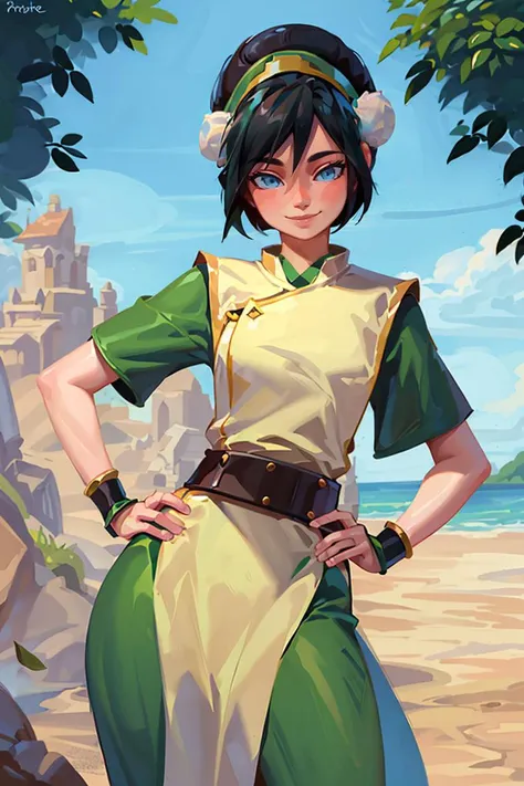 <lora:Iota_v3:0.8>, ((masterpiece,best quality)), <lora:toph_beifong_v1:0.75>, 1girl, solo, black hair, hairband, belt, short hair, dress, blue eyes, hair bun, green hairband, blind, chinese clothes, hair bun, green dress, short sleeves, cowboy shot, pelvic curtain,smile, hand on hip, contrapposto