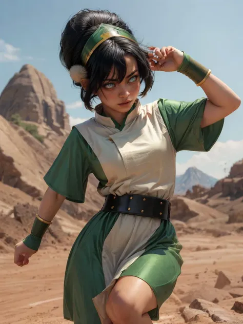 dynamic pose, element bending, earth bending
masterpiece, best quality, intricate detail, realistic, photorealistic, 4k, high contrast, real life, <lora:add_detail:0.5>, <lora:skin_slider_v1:0.4> <lora:breastsizeslideroffset:0.2> <lora:age_slider_v6:0> <lora:weight_slider_v2:0> <lora:toph_beifong_v1:0.8> 1girl, solo, black hair, belt, short hair, blue eyes, hair bun, green hairband, blind, chinese clothes, green dress, short sleeves, pelvic curtain