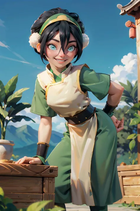 toph, girl, blind, green eyes, short black hair, hair bun, hairband,hair between eyes, chinese clothes, green dress, short sleeves, pelvic curtain, looking happy, smiling, standing, leaning forward, outside, trees, blue sky, high quality, masterpiece, <lora:toph_beifong_v1:.7>