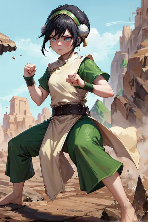 masterpiece, best quality, highres, <lora:toph_beifong_v1:0.75>, 1girl, solo, black hair, hairband, belt, short hair, dress, blue eyes, hair bun, green hairband, blind, chinese clothes, hair bun, green dress, short sleeves, pelvic curtain, barefoot, fighting stance, rock, clenched hands,