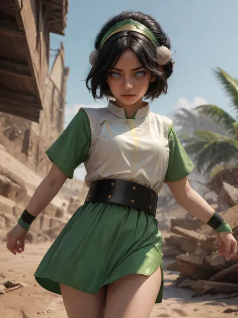 masterpiece, best quality, intricate detail, realistic, photorealistic, 4k, high contrast, real life, <lora:add_detail:0.5>, <lora:skin_slider_v1:0.4> <lora:breastsizeslideroffset:0.2> <lora:age_slider_v6:0> <lora:weight_slider_v2:0> <lora:toph_beifong_v1:0.8> 1girl, solo, black hair, belt, short hair, blue eyes, hair bun, green hairband, blind, chinese clothes, green dress, short sleeves, pelvic curtain