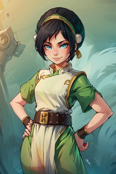 ((masterpiece,best quality)), <lora:toph_beifong_v1:0.75>, 1girl, solo, black hair, hairband, belt, short hair, dress, blue eyes, hair bun, green hairband, blind, chinese clothes, hair bun, green dress, short sleeves, cowboy shot, pelvic curtain,smile, hand on hip, contrapposto