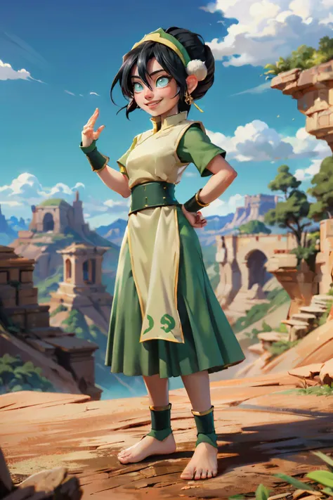 toph, girl, blind, green eyes, short black hair, hair bun, hairband,hair between eyes, chinese clothes, green dress, short sleeves, pelvic curtain, barefoot, full body shot, smiling, standing, outside, canyon, cliff, dirt, blue sky, high quality, masterpiece, <lora:toph_beifong_v1:.7>