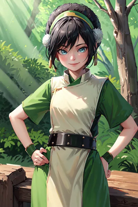 masterpiece, best quality, highres, <lora:toph_beifong_v1:0.75>, 1girl, solo, black hair, hairband, belt, short hair, dress, blue eyes, hair bun, green hairband, blind, chinese clothes, hair bun, green dress, short sleeves, pelvic curtain, cowboy shot, hand on hip, forest, smile,