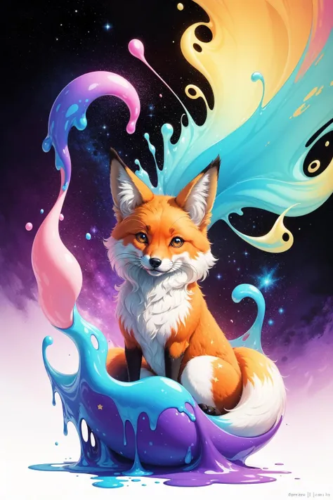 fluffy, fox, adorable, big eyes, (pastel color scheme:1.2), bold outlines, sticker, hearts, stars, non-human, liquid color swirls, color dripping, goo, (colorful ink painting:1.2), Needle Galaxy, Twin Jet Nebula, Denebola Star