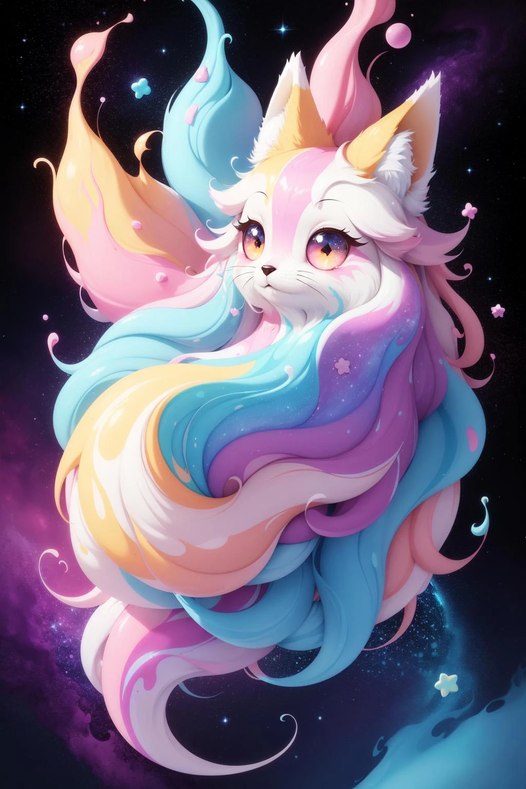 fluffy, fox, adorable, big eyes, (pastel color scheme:1.2), bold outlines, sticker, hearts, stars, non-human, liquid color swirls, color dripping, goo, (colorful ink painting:1.2), Needle Galaxy, Twin Jet Nebula, Denebola Star,