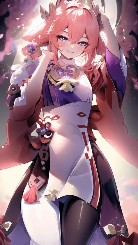 masterpiece, ,absurdres, <lora:YaeMiko_Test:1>, genshin-impact-style, evil-smile, looking-down, <lora:GoodHands-beta2:1>, low-shot-from-below, bright-colors, anime-style, sexually-suggestive, depth of field