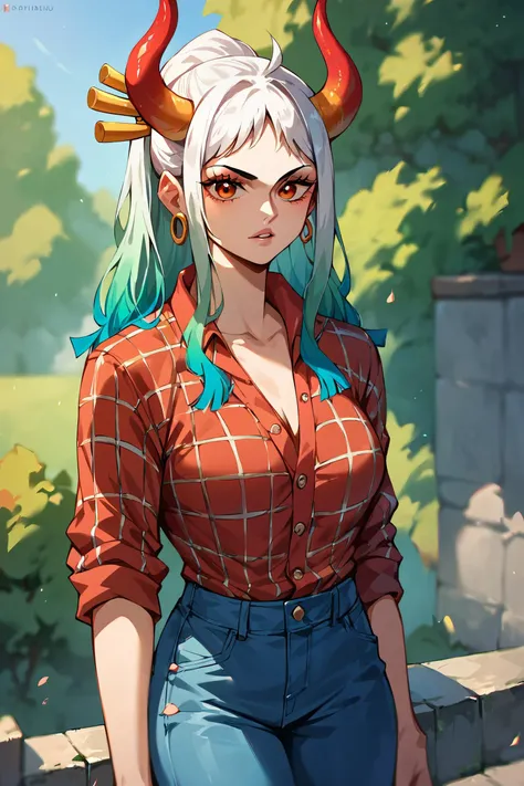 <lora:yamato_OP_XL_v1:0.8> score_9,score_8_up,score_7_up,score_6_up,yamato \(one piece\), 1girl, solo, long hair,upper body,looking at viewer, parted lips, outdoors,Flannel shirt and leggings