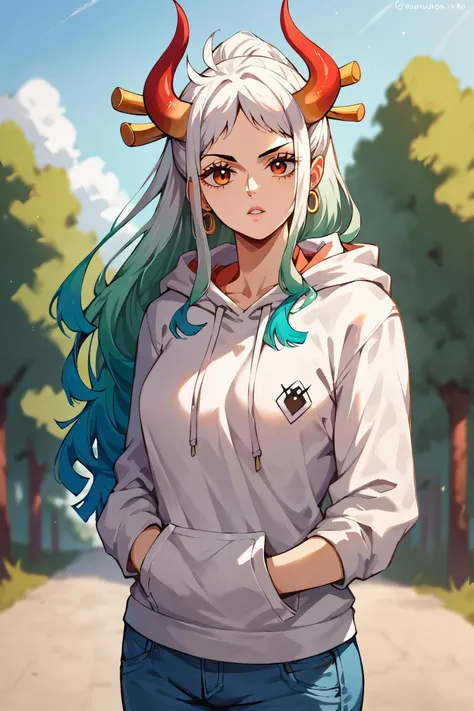 <lora:yamato_OP_XL_v1:0.8> score_9,score_8_up,score_7_up,score_6_up,yamato \(one piece\), 1girl, solo, long hair,upper body,looking at viewer, parted lips, outdoors,Hoodie and jeans
