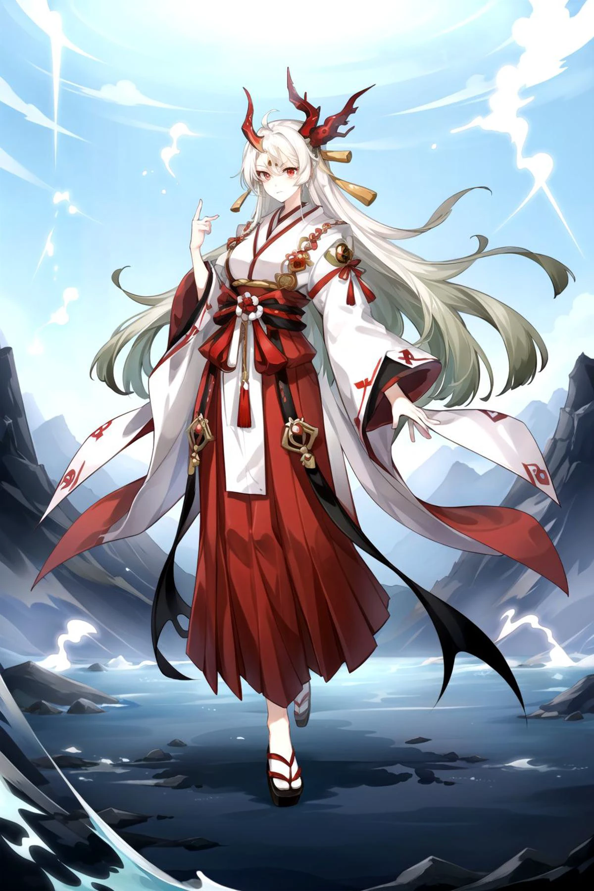 masterpiece, best quality, solo, 1girl, detailed eyes, detailed hands, detailed lighting, highres,
<lora:add_detail:0.3>
<lora:CosmicEyes:0.3>, red eyes,
<lora:EraseGroinSkirt:0.4> 
<lora:43^z~:0.6> , hezi, lightning, 
<lora:yamato_v2:0.7> , yamato\(one piece\), multicolored hair, white hair, green hair, oni horn, colored horn, long hair, kimono, hakama,